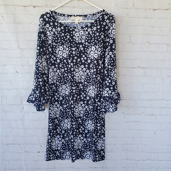 EUC Michael Kors Bell Sleeve Mod Shift Dress Size Med Black White Floral Retro - Picture 1 of 6